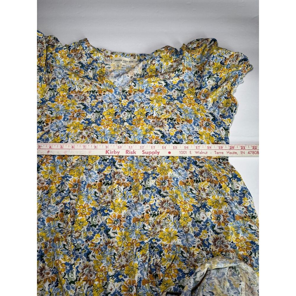 Brass and Roe Floral Mini Dress Women Large Boho Cottagecore Tiered Yellow/Blue - Picture 9 of 13